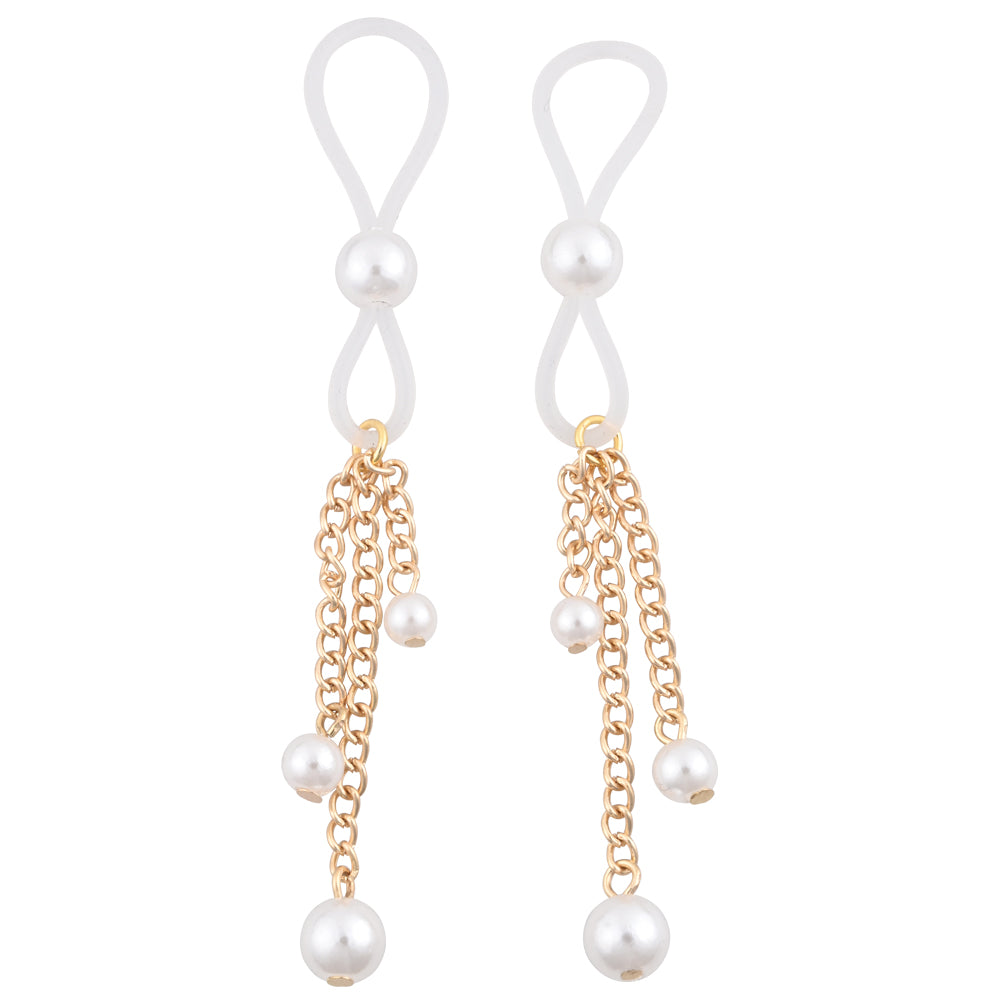 Sophisticated earrings feature a white ribbon loop with a faux pearl center and three dangling gold chains each with a white pearl, reminiscent of the design in Sex & Mischief Pearl Nipple Ties - Gold/Pearl Nipple Restraints.