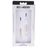 The Sex & Mischief Pearl Nipple Ties set includes two elegant gold and pearl restraints featuring adjustable white loops with attached gold chains adorned with small white pearls.