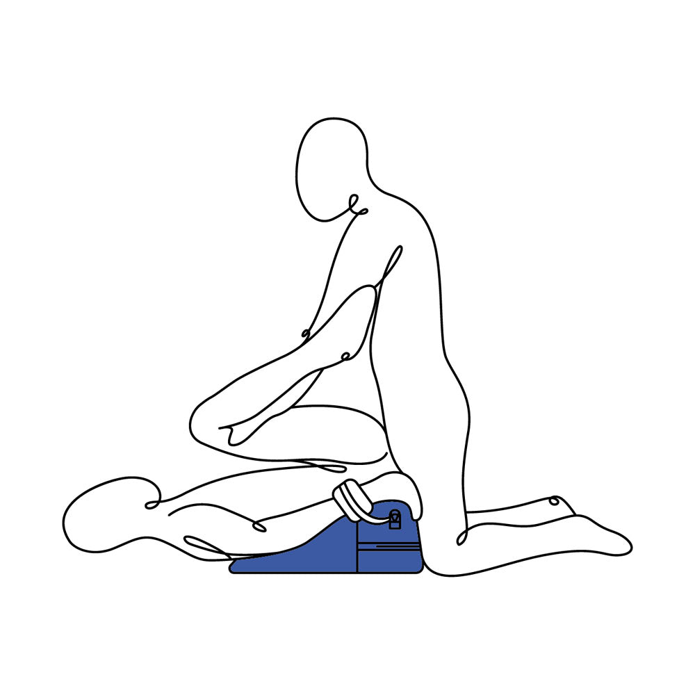 A minimalist abstract line art depicting two human figures in a yoga pose, with one sitting and stretching forward, while the other kneels extending a leg back. The Pivot Positioner - Black Foam Position Cushion adds support and a touch of color.