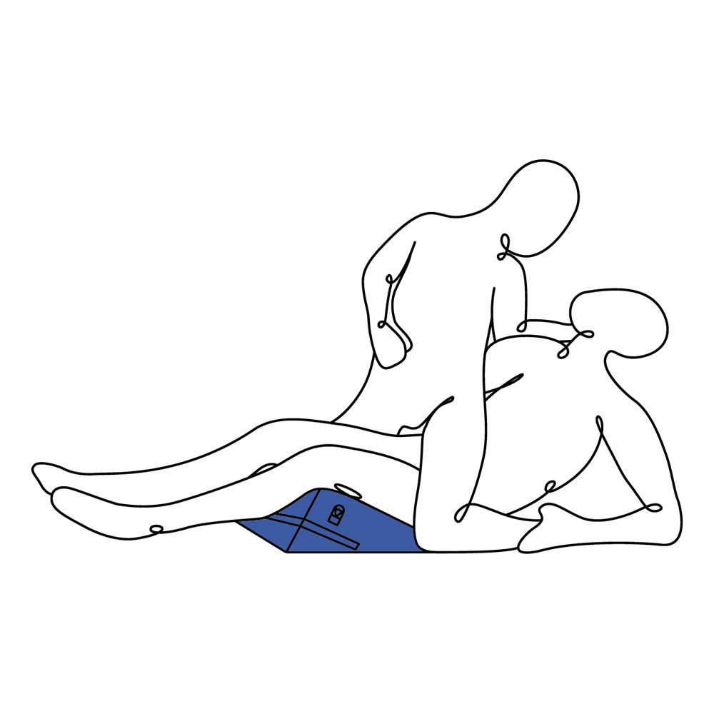 Two outlined figures are in an intimate pose; one reclines on a black Pivot Positioner - Black Foam Position Cushion, while the other leans over. Both have minimal detailing without facial features or distinct traits. The cushion features high-density foam and a machine washable cover.