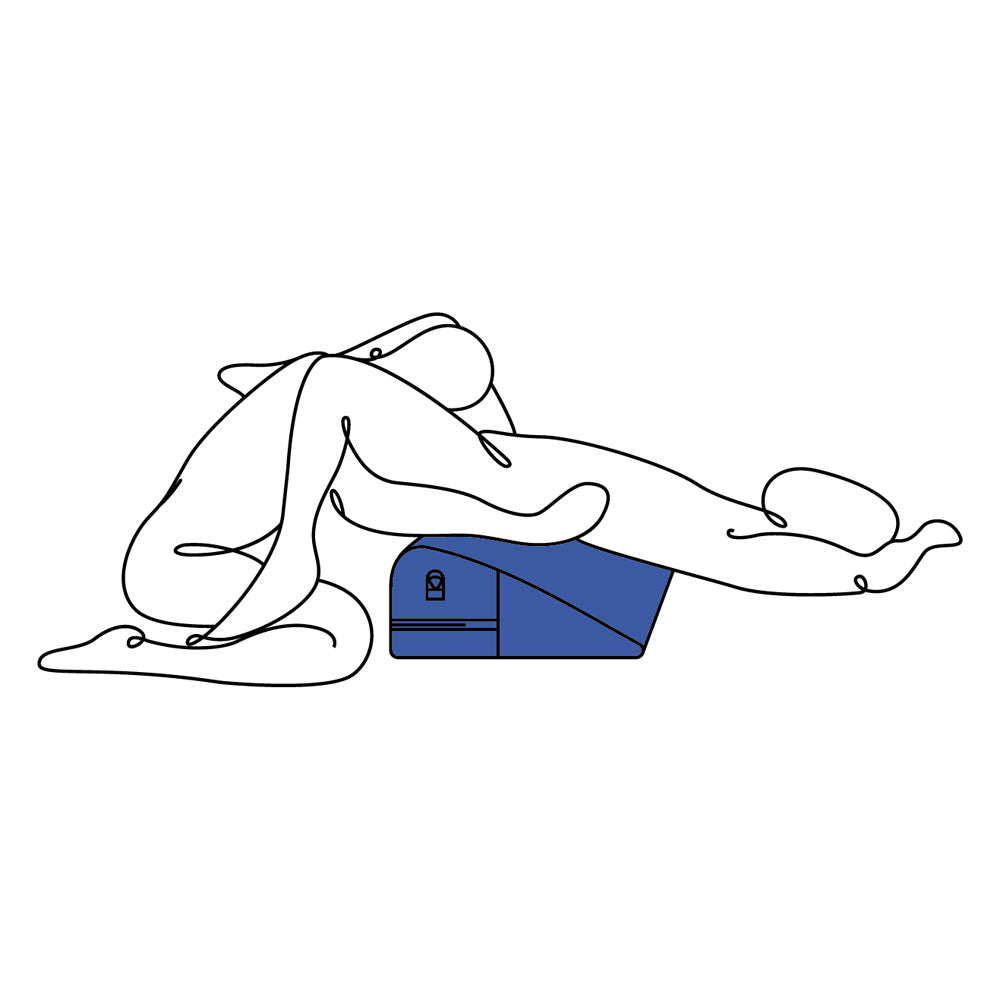 A minimalistic line drawing of an abstract human figure lounging against a blue geometric shape resembles the Pivot Positioner - Black Foam Position Cushion. The illustration features smooth, flowing curves with the person reclining on a plain white background, head tilted back and limbs bent.