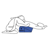 A minimalistic line drawing of an abstract human figure lounging against a blue geometric shape resembles the Pivot Positioner - Black Foam Position Cushion. The illustration features smooth, flowing curves with the person reclining on a plain white background, head tilted back and limbs bent.