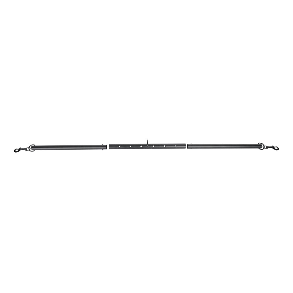 The EDGE Adjustable Spreader Bar in black features a central handle with multiple grip holes for flexibility. Metal loops are present at each end for easy attachment. Fully extended, it highlights its sleek and functional design against a white background.