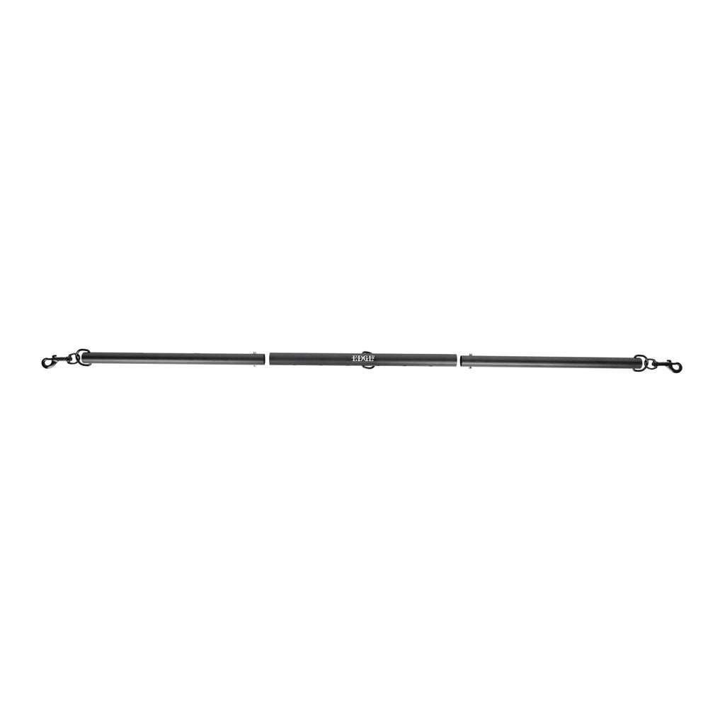 The EDGE Adjustable Spreader Bar is black with metal joints and clips on each end. Sportsheets is inscribed in silver at the center. It features three segmented sections with cylindrical extensions for adjustability.