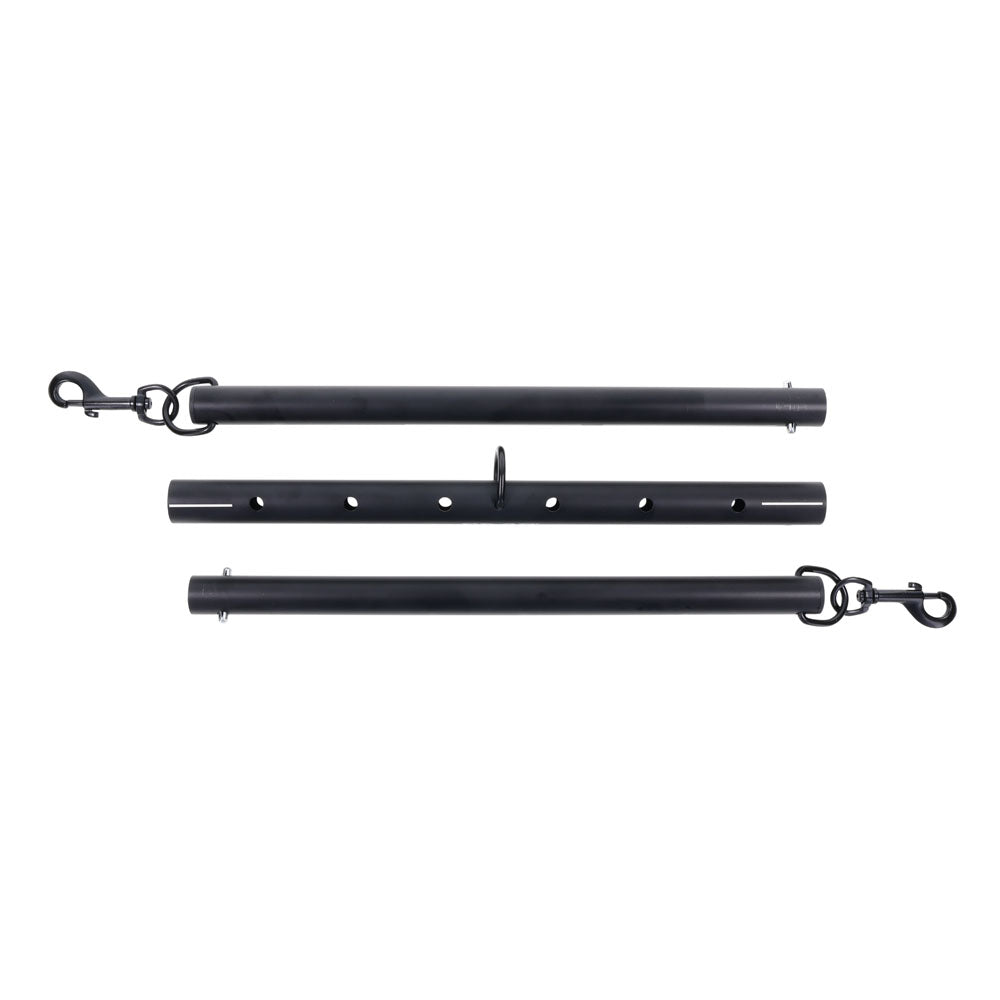 The EDGE Adjustable Spreader Bar set includes two black metal rods with hooks and rings at ends. One rod features a centered attachment point and small holes for adjustments. Both are laid horizontally, parallel on a white background.