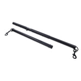 The EDGE Adjustable Spreader Bar in black features a minimalist telescopic design, multiple holes for size adjustments, and large sturdy metal clasps at each end to support or hold items securely.