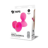 The image features a box of Size Up Silicone Nipple Suckers XL - Pink, with two pink body-safe, hypoallergenic silicone nipple suckers alongside. A side view explains their effective use.