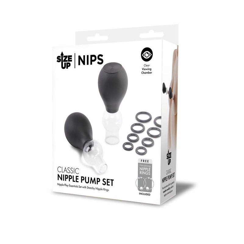 Image of Size Up Classic Nipple Pump Set - Nipple Pumps with Rings packaging showing two black and clear nipple pumps and several silicone rings. The box features transparent chambers with product usage on a model, claiming to include free nipple rings.