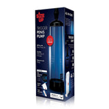 The image shows the box for the Size Up Trigger Penis Pump - Clear Penis Pump, an all-in-one set with suction for stimulation and enlargement. It includes a measuring tape, travel bag, pressure release valve, cleaning wipes, silicone ring, and manual in a sleek black and blue design.