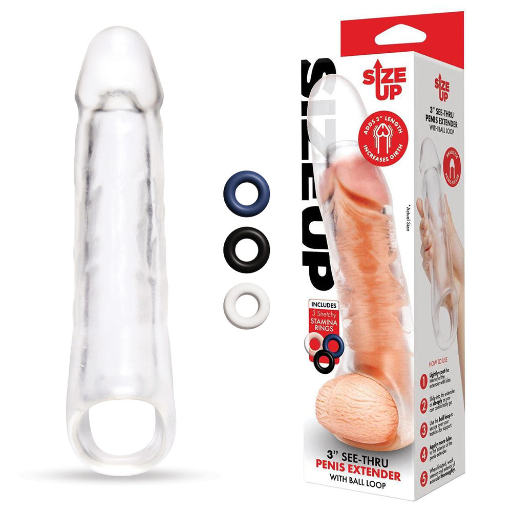 Buy Size Up 3 Inch See - Thru Penis Extender with Ball Loop - Clear 7.6 cm (3'') Penis Extension Sleeve at NZ’s Mega Adult Toys Store. Discover premium sex toys with discreet shipping at the best price in NZ