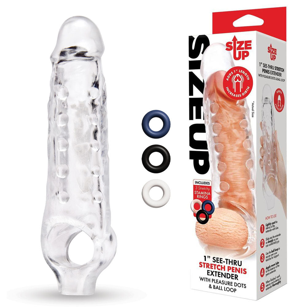 Buy Size Up 1 Inch See - Thru Stretch Penis Extender - Clear 2.5 cm (1'') Penis Extension Sleeve at NZ’s Mega Adult Toys Store. Discover premium sex toys with discreet shipping at the best price in NZ