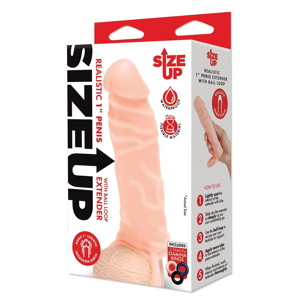 The Size Up Realistic 1 Inch Penis Extender - Flesh features a realistic 1 extender with ball loop, made from safe, waterproof materials. It includes instructions and innovative stamina rings with three adjustable sizes for personalized enhancement.