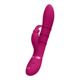 The VIVE Sora - Pink Rabbit Vibrator has a pink, curved shaft with a rabbit-shaped clitoral stimulator. Made from medical-grade silicone, it features ribbed details, three buttons at the base, is USB rechargeable, waterproof, and offers durable and versatile pleasure.