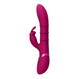 The VIVE Sora - Pink is a 24.2 cm USB rechargeable rabbit vibrator featuring a ribbed silicone shaft, curved clitoral stimulator, ergonomic design for comfort and functionality, waterproof surface, and a glossy metallic band at the base with control buttons.