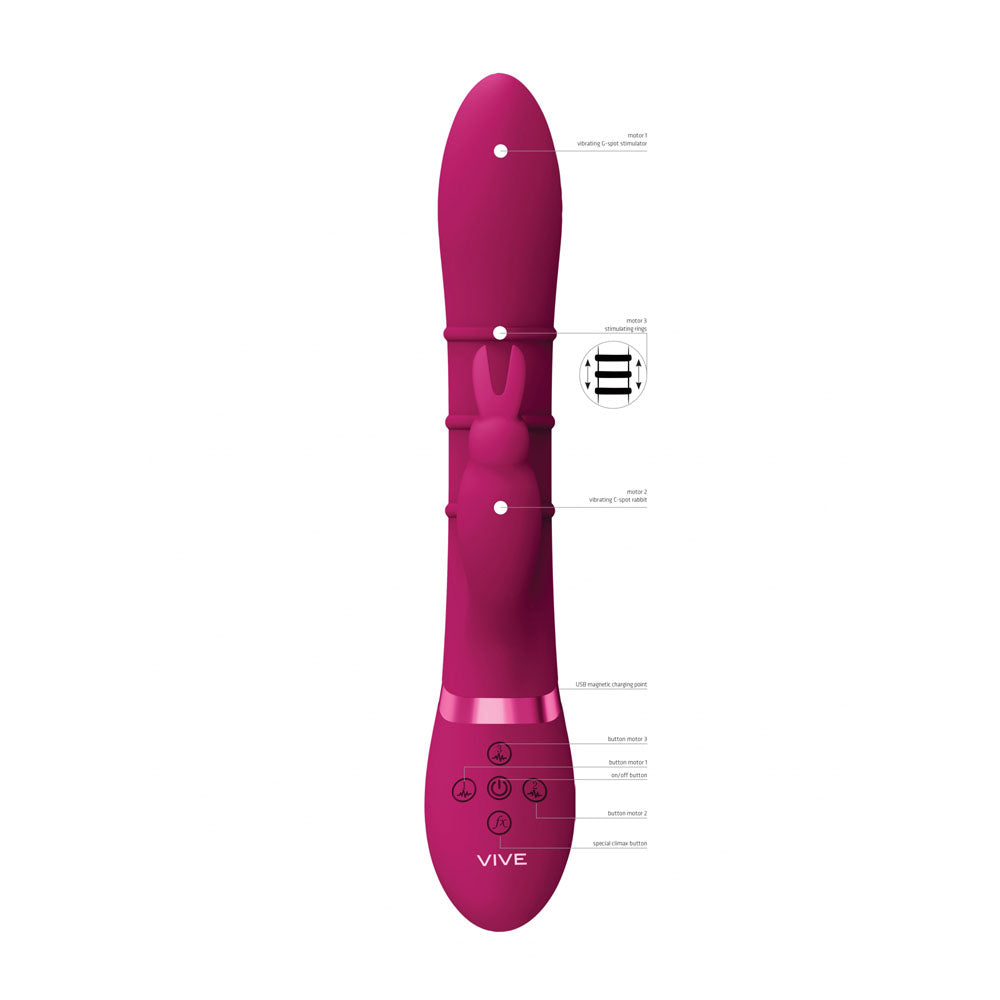 The VIVE Sora is a 24.2 cm pink dual-ended G-spot Rabbit Vibrator featuring a rabbit-shaped design in the center, made from medical-grade silicone. It includes multiple control buttons with arrows and symbols, highlighting features and modes, with Vive branding visible at its base.