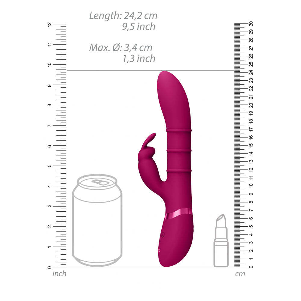 The VIVE Sora, a pink 24.2 cm USB rechargeable G-spot rabbit vibrator featuring a ribbed silicone shaft and rabbit attachment, is displayed alongside rulers for scale and next to a soda can and lipstick for size comparison. It measures 3.4 cm in diameter and is waterproof.