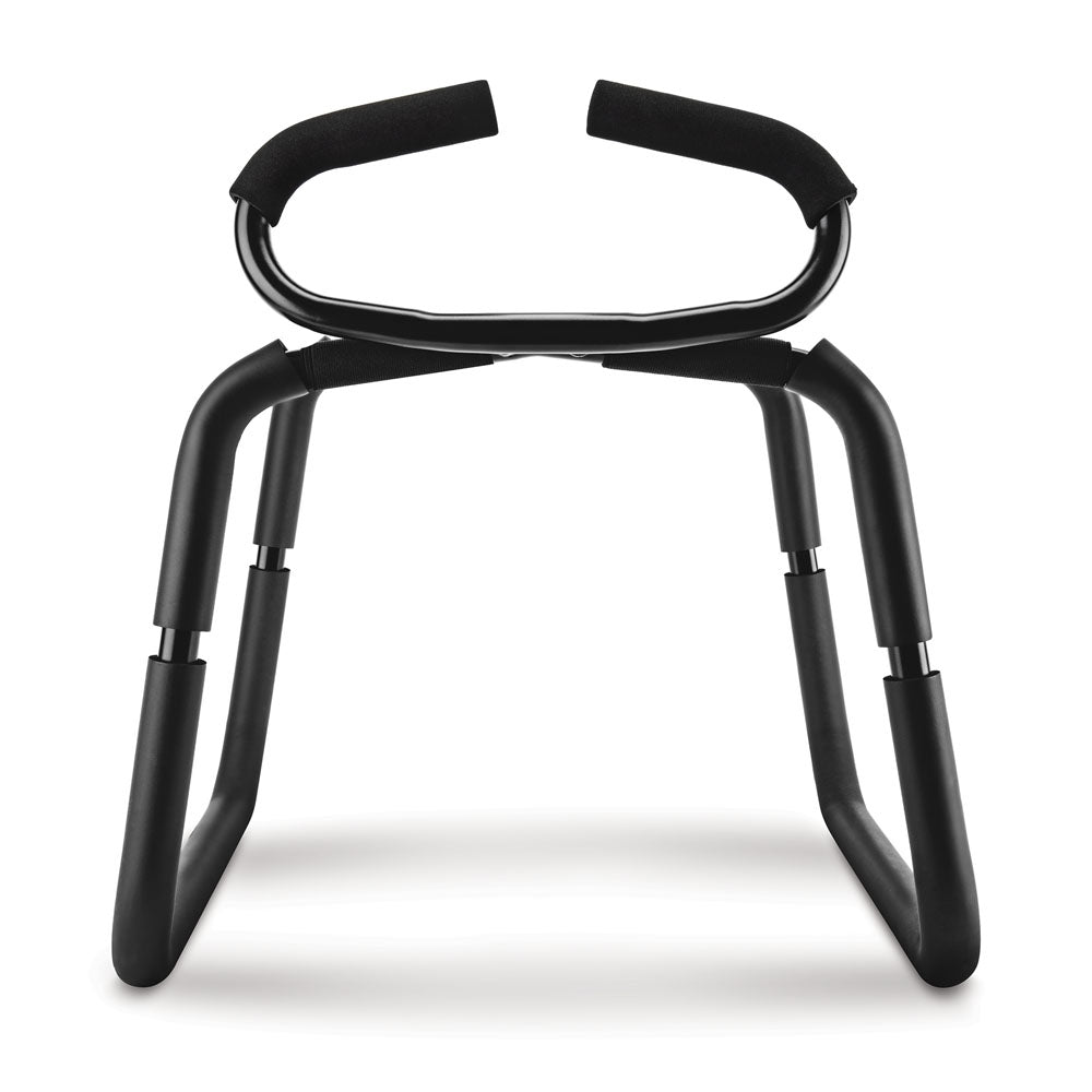 The WhipSmart Bounce Squatter Sex Stool in black features foam-covered grips and four sturdy legs. It includes a contoured knee pad, adjustable height settings, minimalist design for durability and stability, plus a detachable handrail for enhanced mobility assistance.