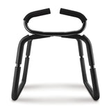 The WhipSmart Bounce Squatter Sex Stool in black features foam-covered grips and four sturdy legs. It includes a contoured knee pad, adjustable height settings, minimalist design for durability and stability, plus a detachable handrail for enhanced mobility assistance.