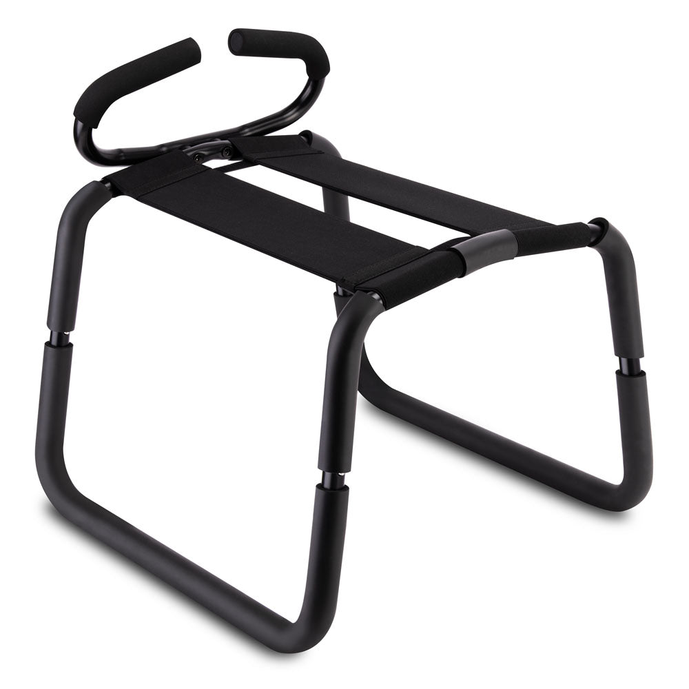 The WhipSmart Bounce Squatter Sex Stool in black is a portable stool with padded handles and a sturdy frame. It features two parallel bars supported by a rectangular base, offering versatility with a detachable handrail and cushioned handles for stable, comfortable exercises.