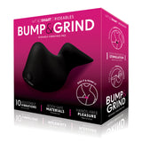 The image displays the packaging for the WhipSmart Bump & Grind - Black Rechargeable Rideable Vibrating Pad. The purple box, accented with white and pink text, promotes 10 adjustable vibrations, body-safe materials, and hands-free pleasure, featuring a silhouette promising clitoral stimulation.