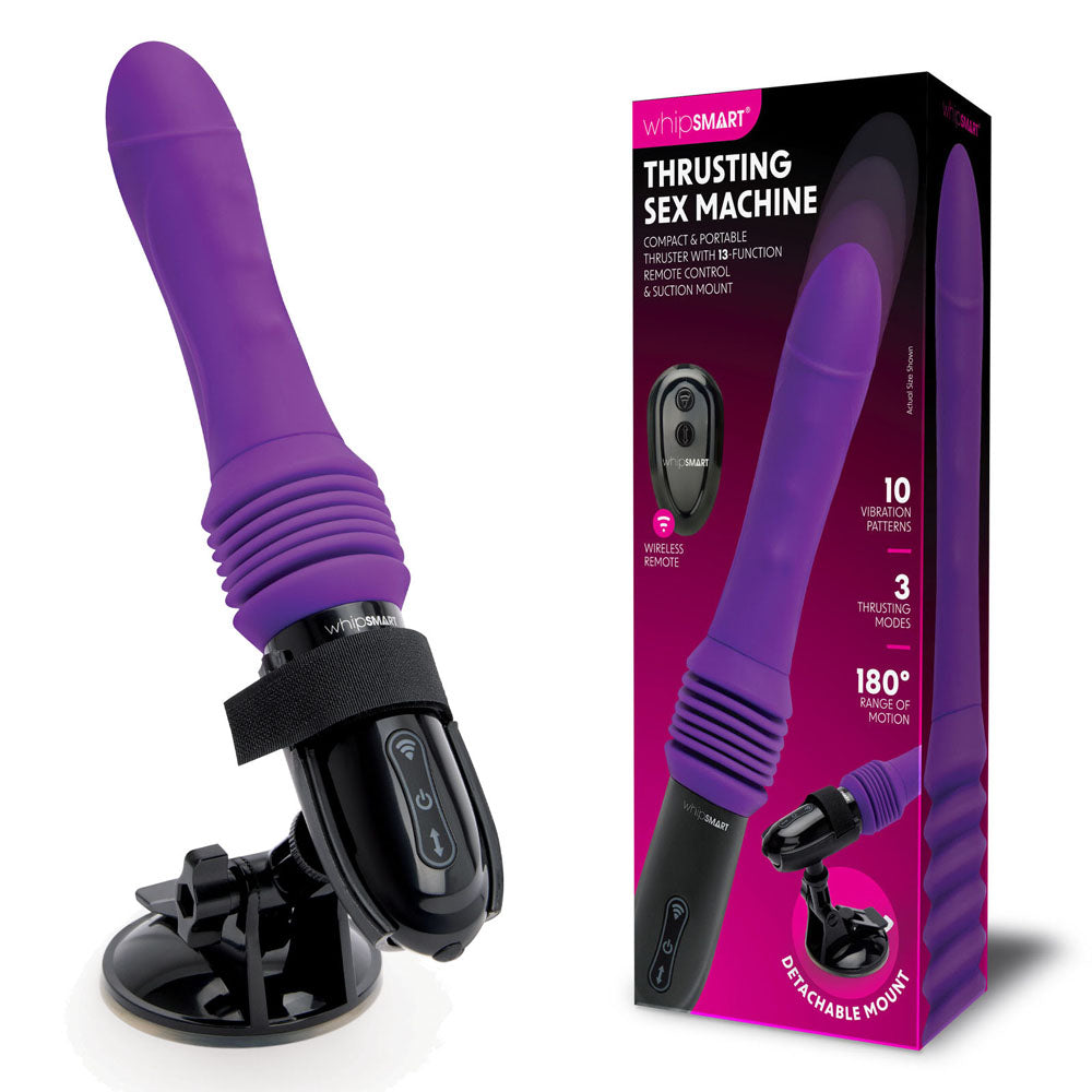 Shown is the WhipSmart Thrusting Sex Machine, a 23 cm purple vibrator with a contoured design and black suction mount. It includes a remote control, detachable base, 10 vibration modes, 3 thrusting patterns, and a 180-degree range.