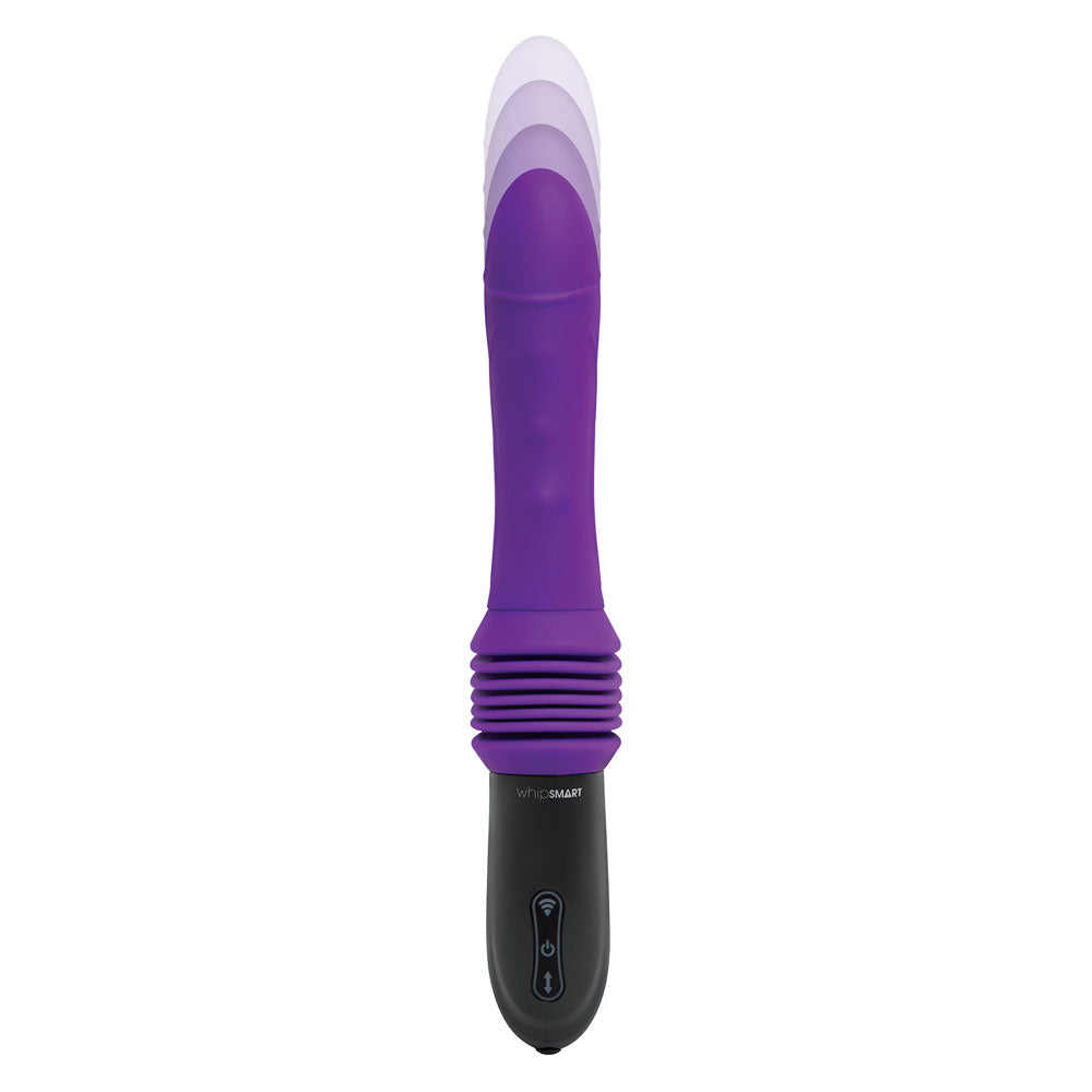 The WhipSmart Thrusting Sex Machine, a purple 23 cm USB rechargeable vibrator, has a slightly curved textured shaft and flexible tip with various vibration modes. Its black handle has two control buttons, an LED indicator, and prominent WhipSmart branding near the handle.