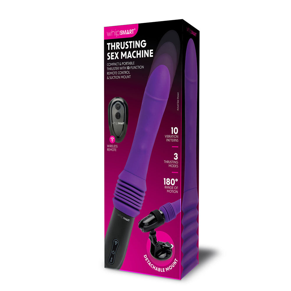 Packaging of the WhipSmart Thrusting Sex Machine showcases a purple vibrator with a black base and wireless remote. It offers 10 vibration patterns, 3 thrust modes, and a 180-degree range, with a detachable suction mount, set against a black and purple backdrop.