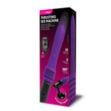 Packaging of the WhipSmart Thrusting Sex Machine showcases a purple vibrator with a black base and wireless remote. It offers 10 vibration patterns, 3 thrust modes, and a 180-degree range, with a detachable suction mount, set against a black and purple backdrop.