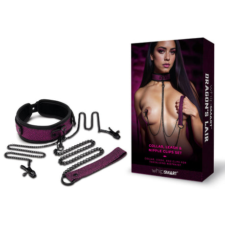 A product image of the WhipSmart Dragons Lair Collar, Leash & Nipple Clips Set, ideal for BDSM encounters; featuring a black and pink collar, leash, and nipple clips. The packaging shows a model wearing the set, while items are stylishly beside the striking purple-themed box.