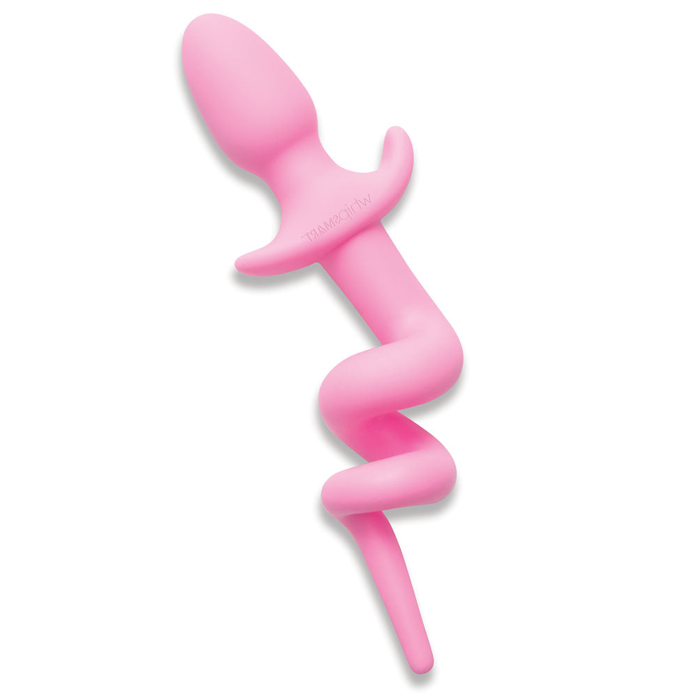 Introducing the WhipSmart Furry Tales 3.5 Inch Silicone Piggy Tail Butt Plug - Pink, crafted from body-safe silicone with a playful spiral design, smooth rounded bulb, and curled handle for easy grip, ideal for comfort and sensory play.