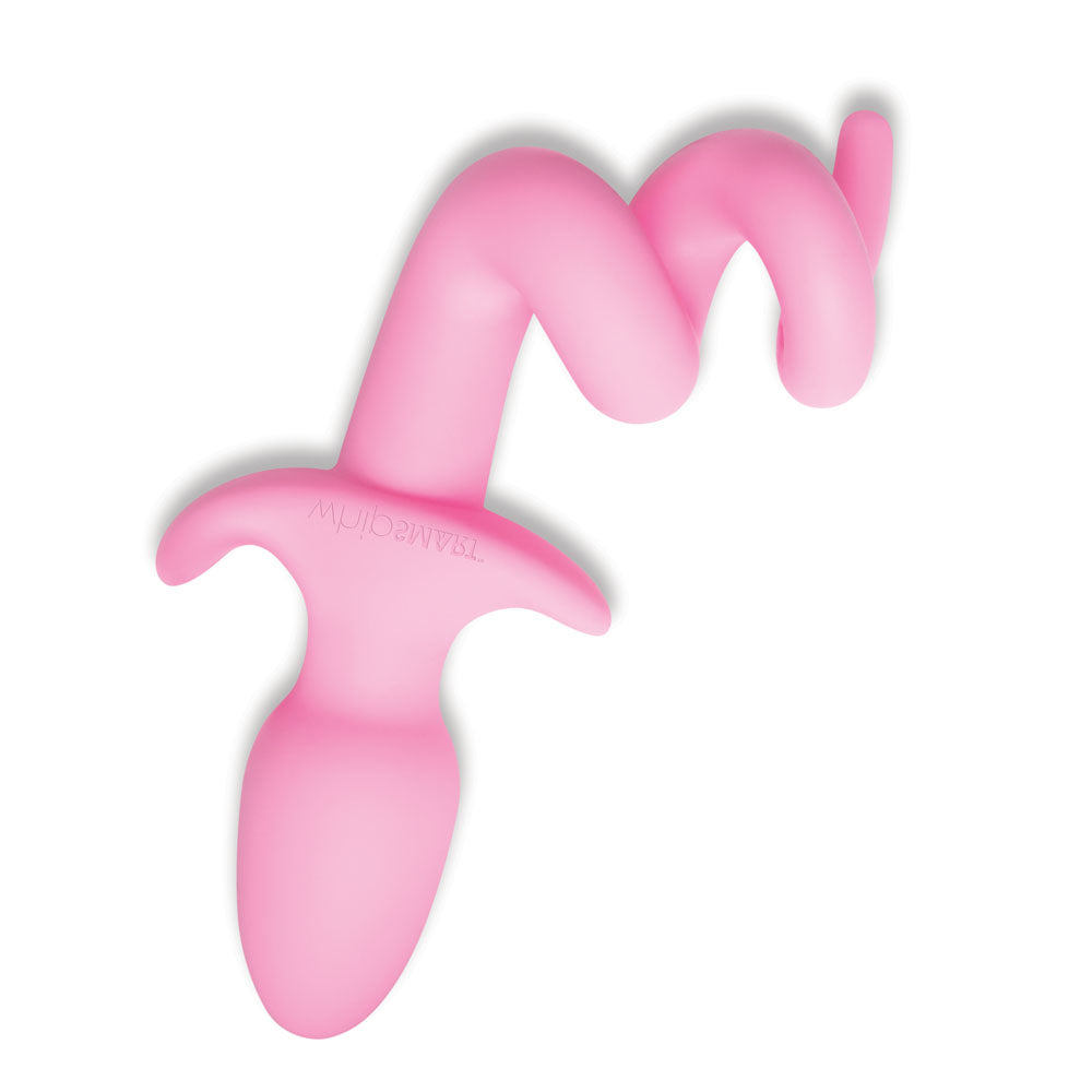 The WhipSmart Furry Tales Piggy Tail Butt Plug features a pink, spiral-shaped silicone design with a bulbous tip, curved body, and flared handle for safety. Its made from body-safe silicone with an ergonomic design for enhanced sensory play and embossed branding on the handle.