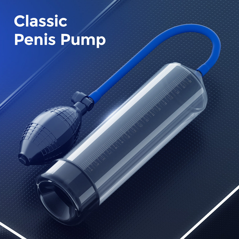 The image features the LuvPump AeroUp Beginners Clear Penis Pump, a male enhancement tool with a blue suction bulb and measurement markings. Its set against a textured dark background with a blue gradient corner, displaying white text in the top left: Classic Penis Pump.