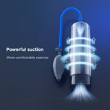 The LuvPump AeroUp Beginners Penis Pump - Clear Penis Pump features a transparent cylinder with a blue hose and black squeeze bulb. Blue arrows suggest suction power, with the text Powerful suction: More comfortable exercise against a dark blue dotted background, highlighting its male enhancement use.