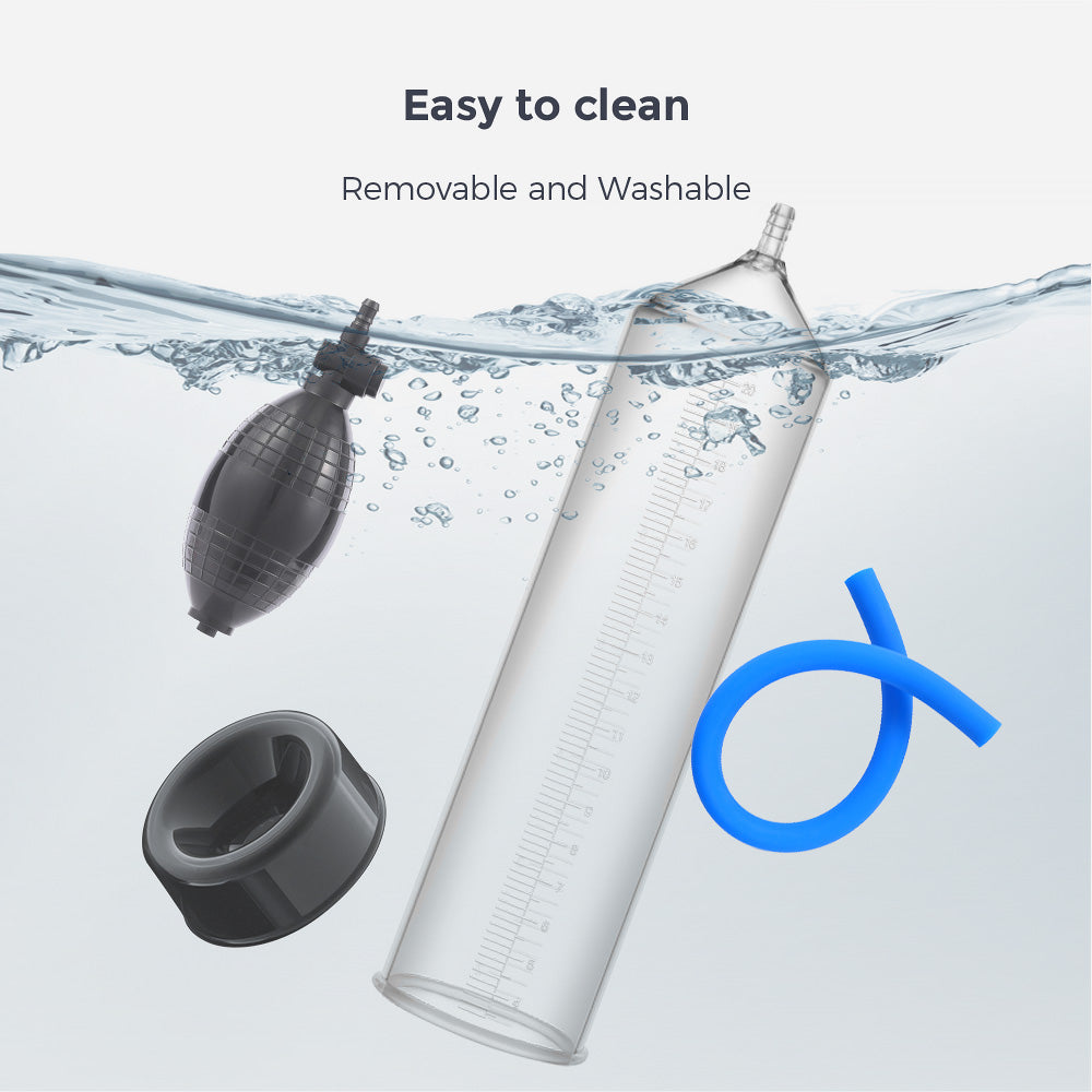 The LuvPump AeroUp Beginners Penis Pump features a clear plastic syringe submerged in water, a black rubber bulb, gray gasket, and coiled blue tube. Text reads, Easy to clean, Removable and Washable. Water droplets emphasize purity as this vacuum pump ensures cleanliness and strong erections.