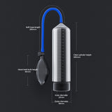 The LuvPump AeroUp Beginners Penis Pump is a clear vacuum pump cylinder designed for penis enlargement, featuring a black hand-held bulb and blue soft hose. It measures 230mm in height, with an inner diameter of 23mm and outer diameter of 55mm, complete with measurement lines against a dark background.