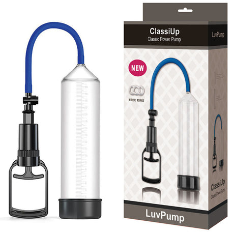 The LuvPump ClassiUp Classic Power Pump - Large is a penis enlargement device with a blue tube, black handle, and clear cylinder. Its package displays the text “ClassiUp Classic Power Pump” and “LuvPump,” with a red NEW label and FREE RING emblem for strong erection support.