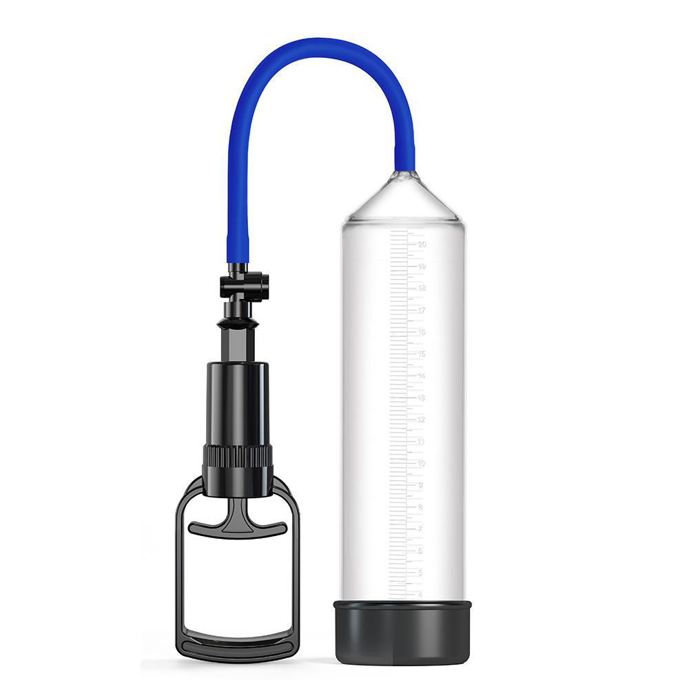 The LuvPump ClassiUp Classic Power Pump is a clear plastic cylinder with measurement markings, connected by a blue tube to a black handheld pump with an ergonomic handle. The black base of the cylinder is detachable.