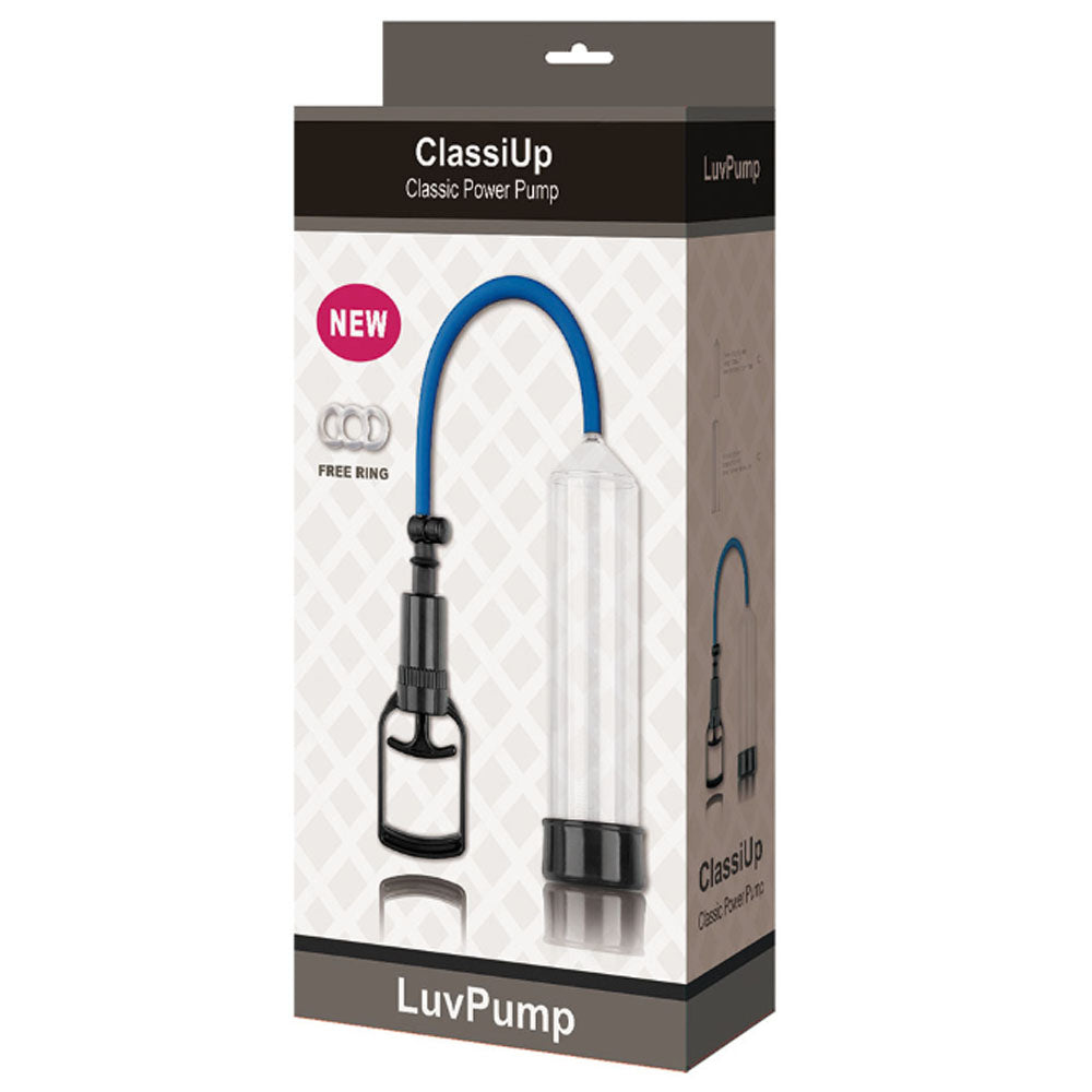 The package for the LuvPump ClassiUp Classic Power Pump - Large features a clear cylindrical enhancer with a black handle and blue tube. It highlights new model benefits like strong erections, includes a free ring, and is set against a diamond-patterned backdrop.