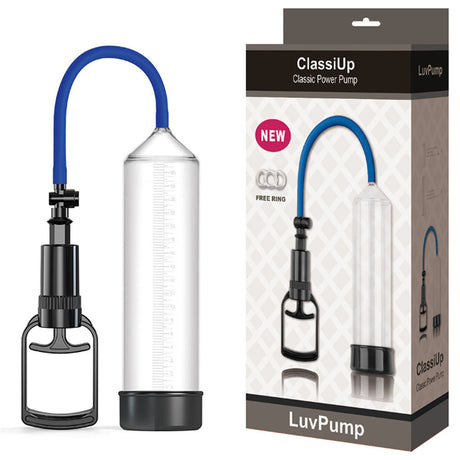 The LuvPump ClassiUp Classic Power Pump - Medium - Clear Penis Pump packaging highlights a vacuum pump for erection enhancement, featuring a transparent cylinder, blue hose, and black handle with NEW and FREE RING labels against a patterned background.