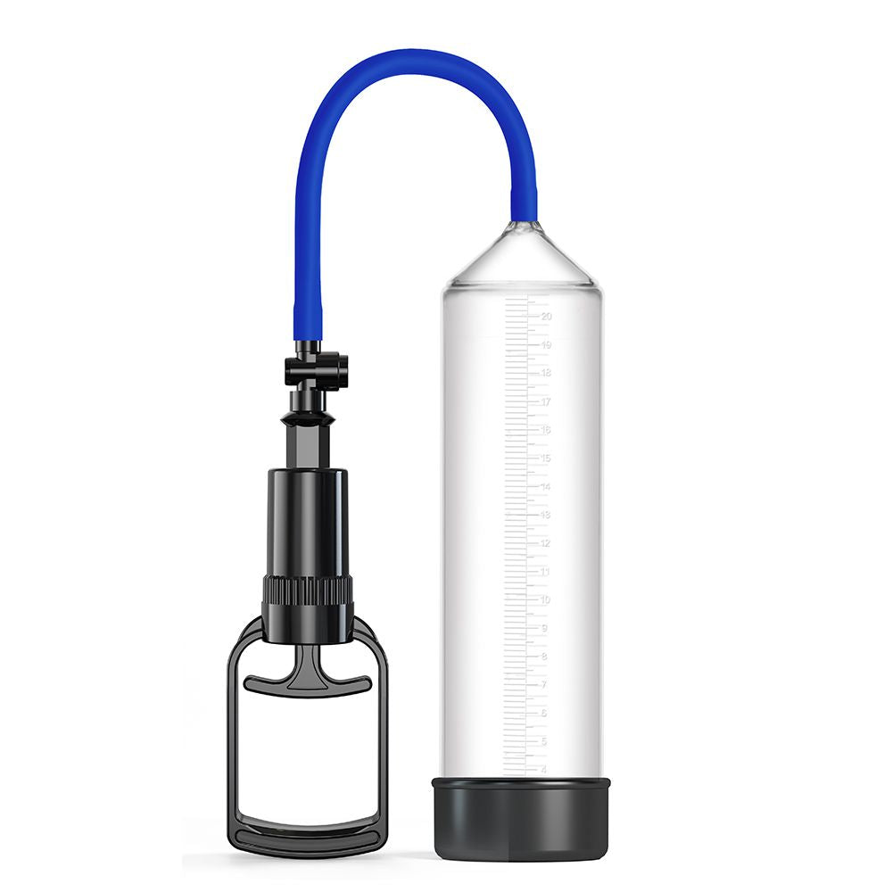 The LuvPump ClassiUp Classic Power Pump, with a clear cylinder marked for measurement and a black handle, includes a blue hose to create pressure for enhancement. Its displayed on a plain white background.