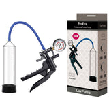 The image shows the LuvPump ProXtra Professional Gauge Power Pump, a professional vacuum pump for erection enhancement. It features a clear cylinder, blue hose, black handle with pressure gauge, and its packaging complete with images and product details.