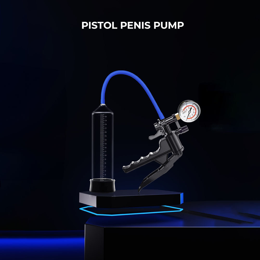 The LuvPump ProXtra, a black pistol-style clear penis pump for erection enhancement, features a pressure gauge and blue hose. It is displayed on a dark background atop an illuminated pedestal with Pistol Penis Pump above it.