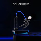 The LuvPump ProXtra Professional Gauge Power Pump, a black pistol penis pump for enhanced erections, includes a transparent chamber with a blue hose and pressure gauge. Its showcased on a sleek black platform with blue accents against a dark backdrop for a modern look.