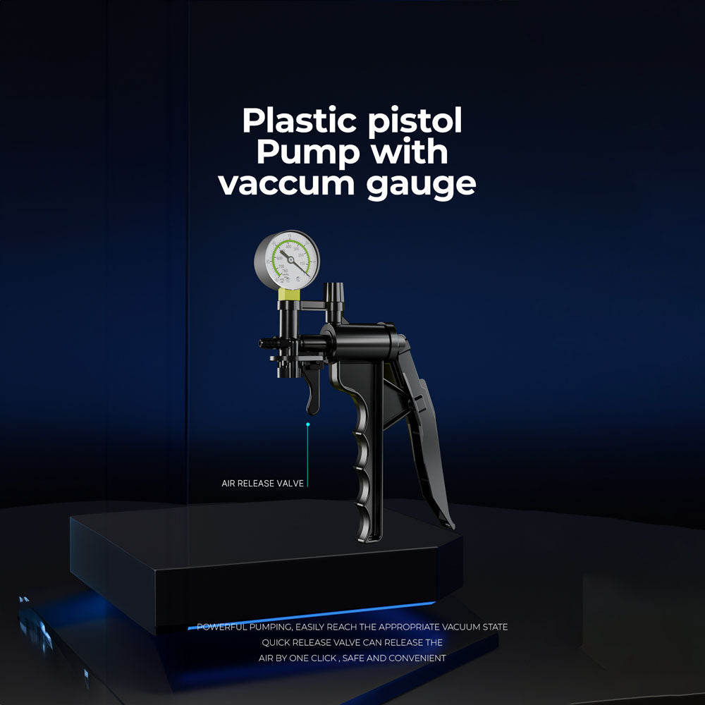 A clear plastic pistol pump, highlighted as an enhancement tool, features a vacuum gauge atop and trigger handle with LuvPump ProXtra Professional Gauge Power Pump above and Air Release Valve below in a minimalistic scene against a dark background.