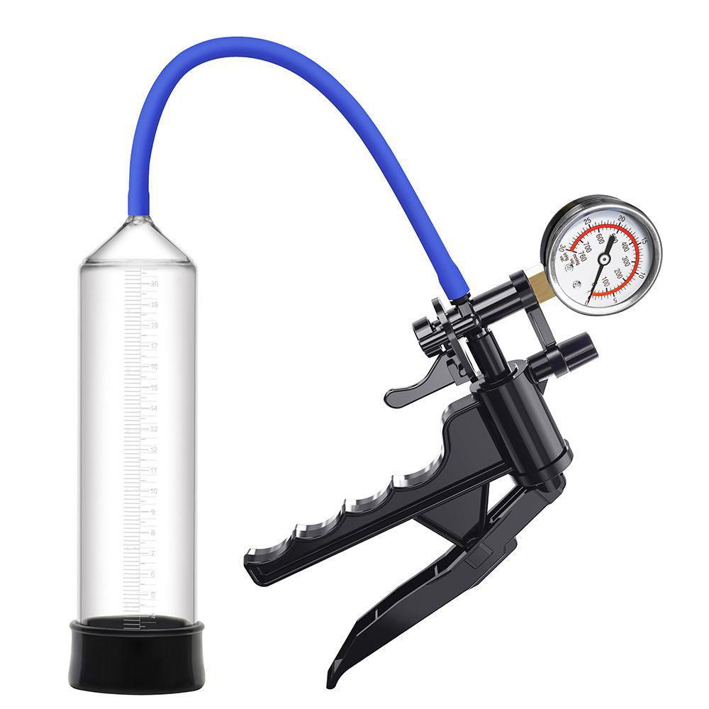 The LuvPump ProXtra Professional Gauge Power Pump is a clear cylindrical device with measurement markings, connected by a blue tube to a pressure gauge. It features a black hand-operated mechanism with finger grooves for secure grip, aimed at erection enhancement.