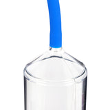 The product, LuvPump ProXtra Professional Gauge Power Pump, is a clear penis pump with a cylindrical design. It features a wide neck and is linked to a blue rubber tube, topped with a pressure gauge, against a white background.