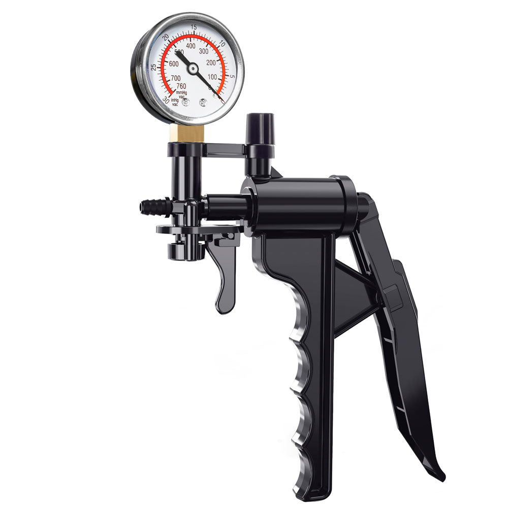 The LuvPump ProXtra Professional Gauge Power Pump is a clear penis pump with a pressure gauge featuring a circular face on top, displaying measurements in red and black. The textured grip handle and lever ensure manual ease, perfect for automotive or mechanical applications.