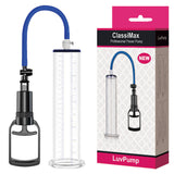 The LuvPump ClassiMax XL Professional Power Pump is a male enhancement vacuum pump with a clear cylindrical tube featuring measurement markings, a black handle, and a blue hose. Its presented in pink and white packaging with branding text and an image of the device.