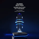 A black and blue promotional image for the LuvPump ClassiMax XL Professional Power Pump features a glowing clear cylinder with swirling arrows, text Super Suction, Fit the Body, and highlights its 3mm thick acrylic vacuum cylinder with strong suction for erection enhancement.