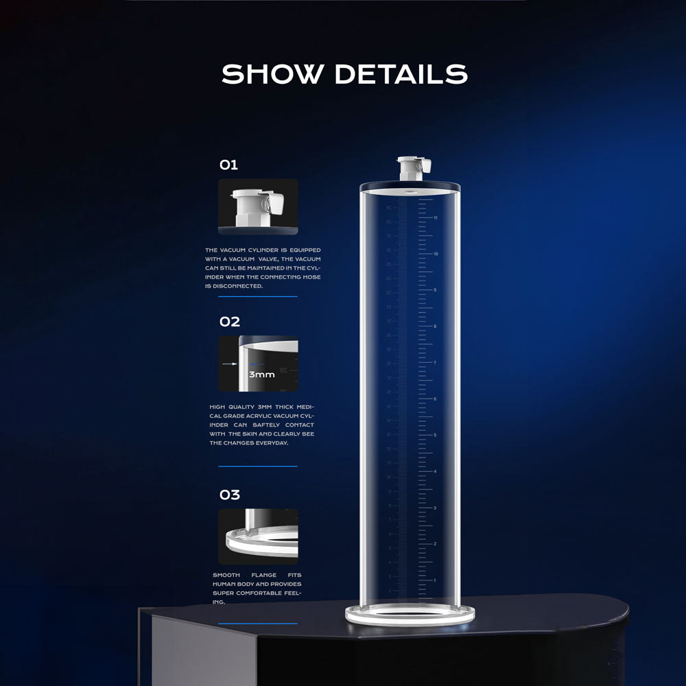 The LuvPump ClassiMax XL Professional Power Pump, a tall, clear cylindrical chamber with measurement markings, features a 5mm thick acrylic body and a three-tap brass valve. It easily connects to any standard vacuum pump for versatile use, accompanied by details on materials and features.